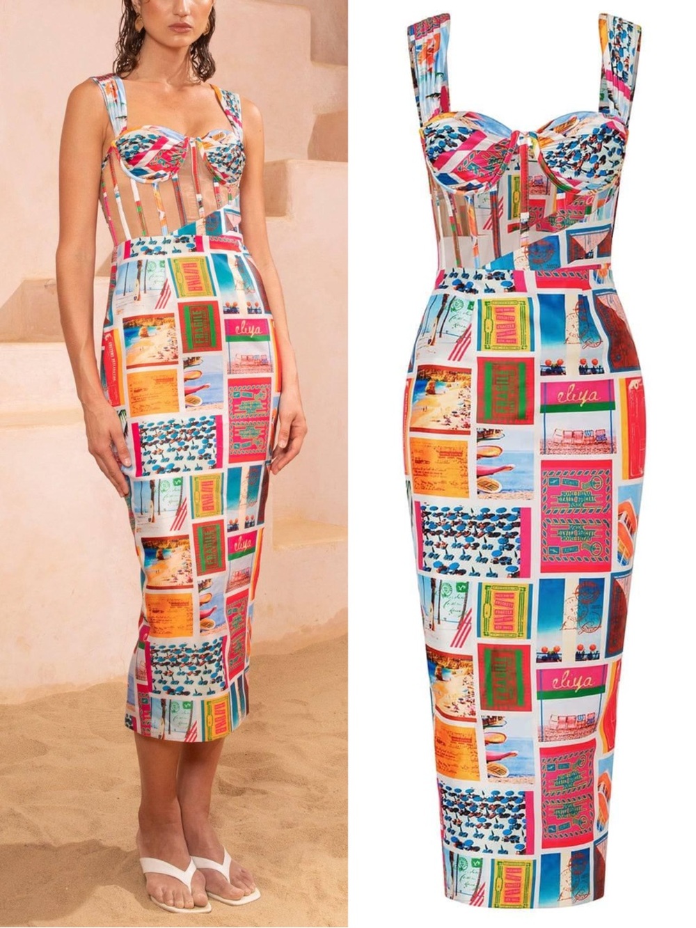 Eliya The Label "Lipari" Postcard Corset Midi Dress – Size US 10 / AU 14